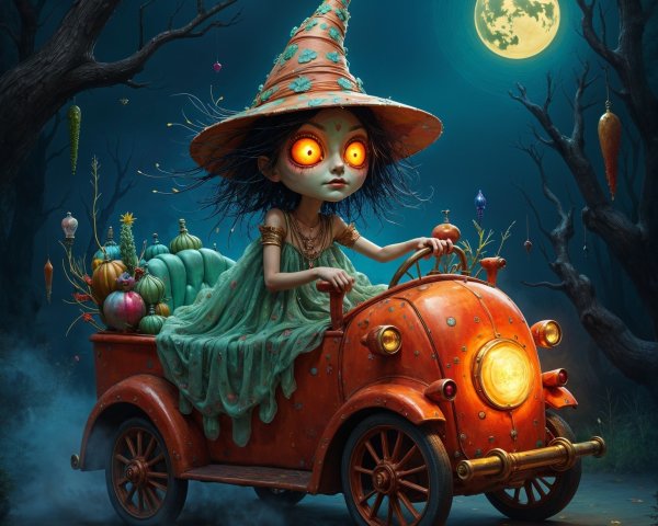 Whimsical Witch in Vintage Car Amidst Enchanted Forest
