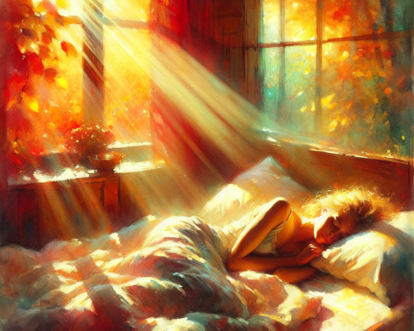 Serene Bedroom with Warm Sunlight and Cozy Atmosphere