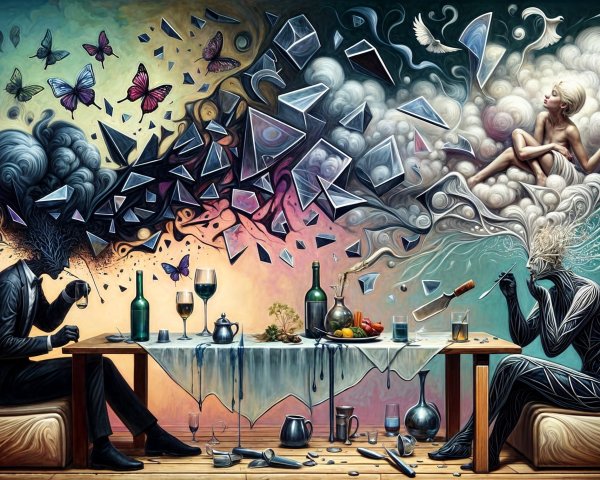 Seated Figures with Cloud-Like Heads and Butterflies