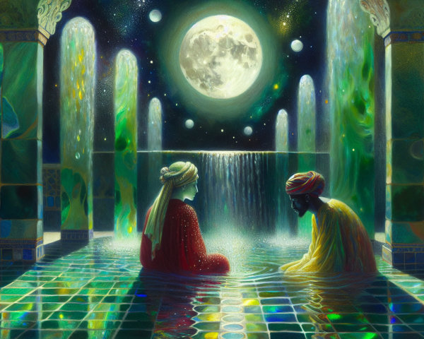 Moonlit Pool Scene with Serene Figures and Waterfalls