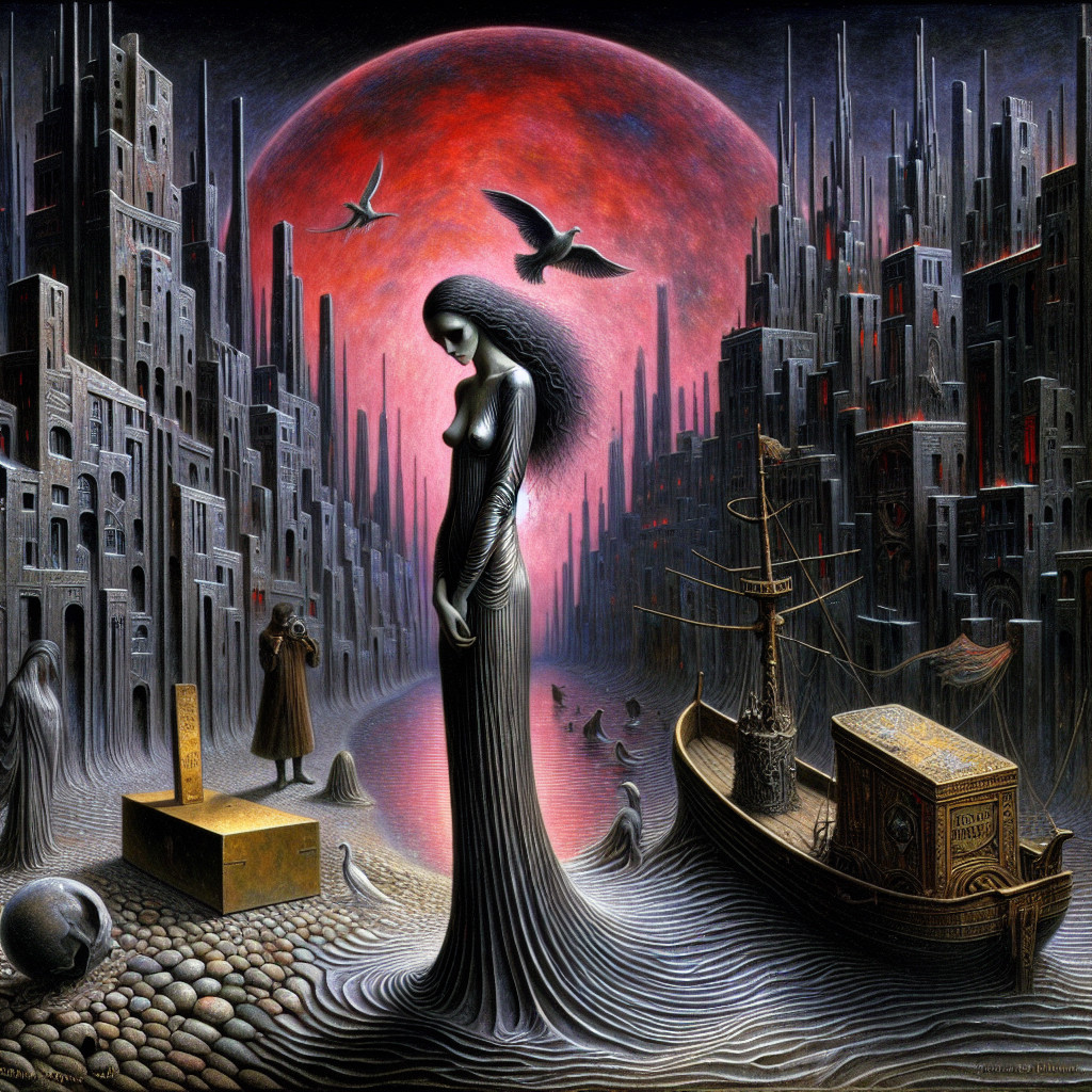 Surreal Landscape with Crimson Moon and Solitary Figure