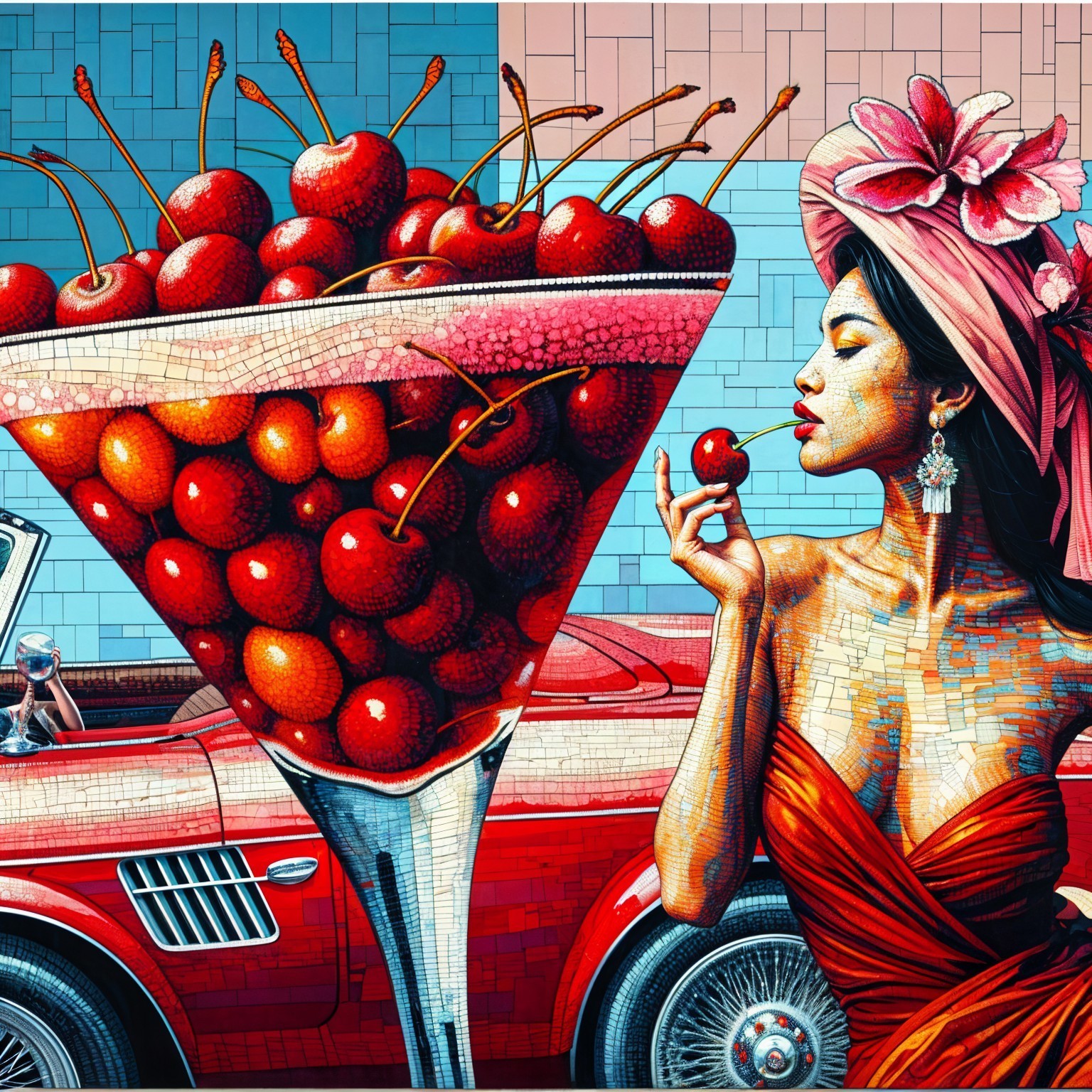 Vibrant Mosaic Artwork of Woman with Red Dress and Cherries