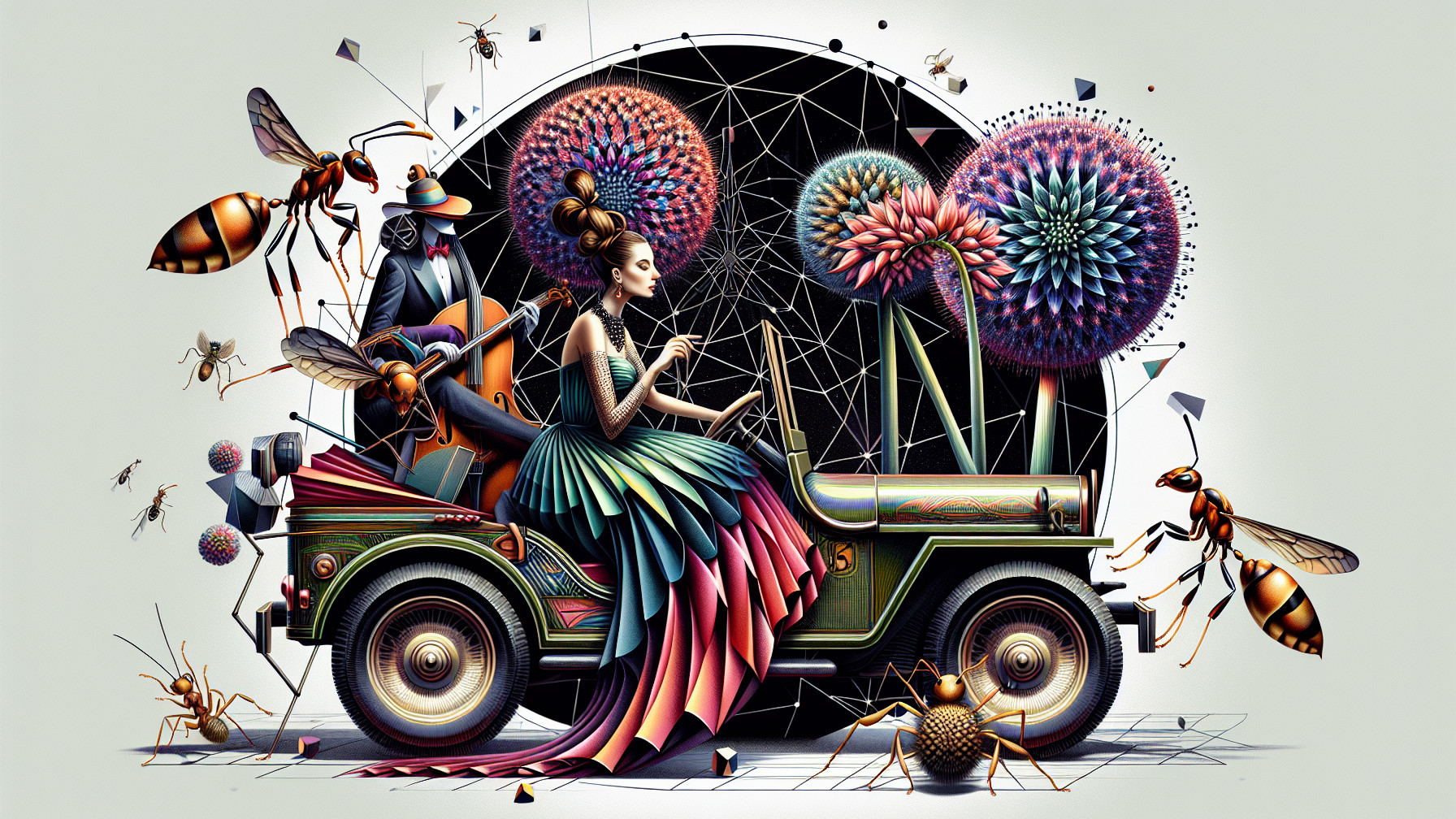 Surreal Scene with Woman in Jeep Surrounded by Flowers