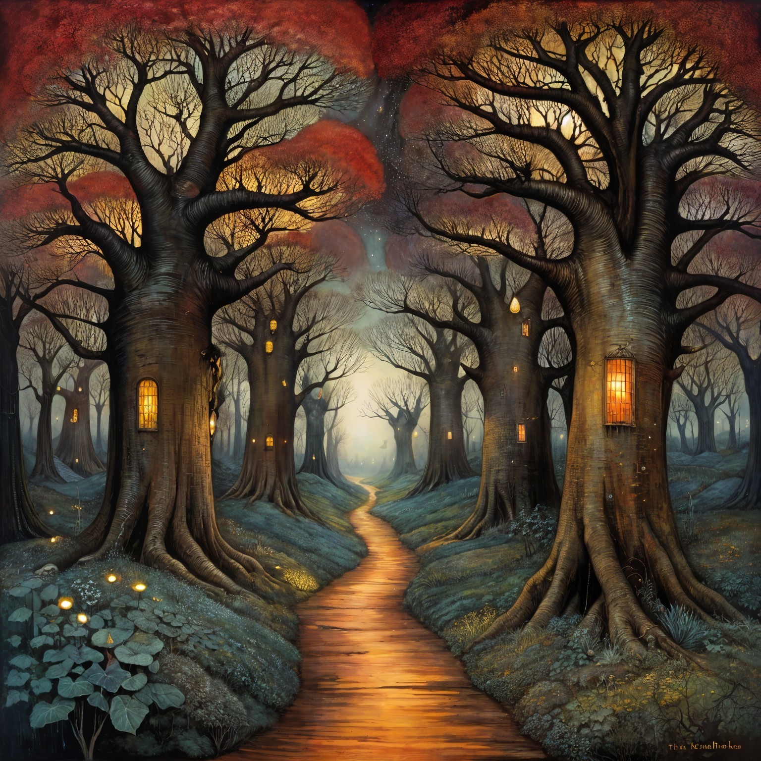 Mystical Forest Pathway with Glowing Windows and Trees