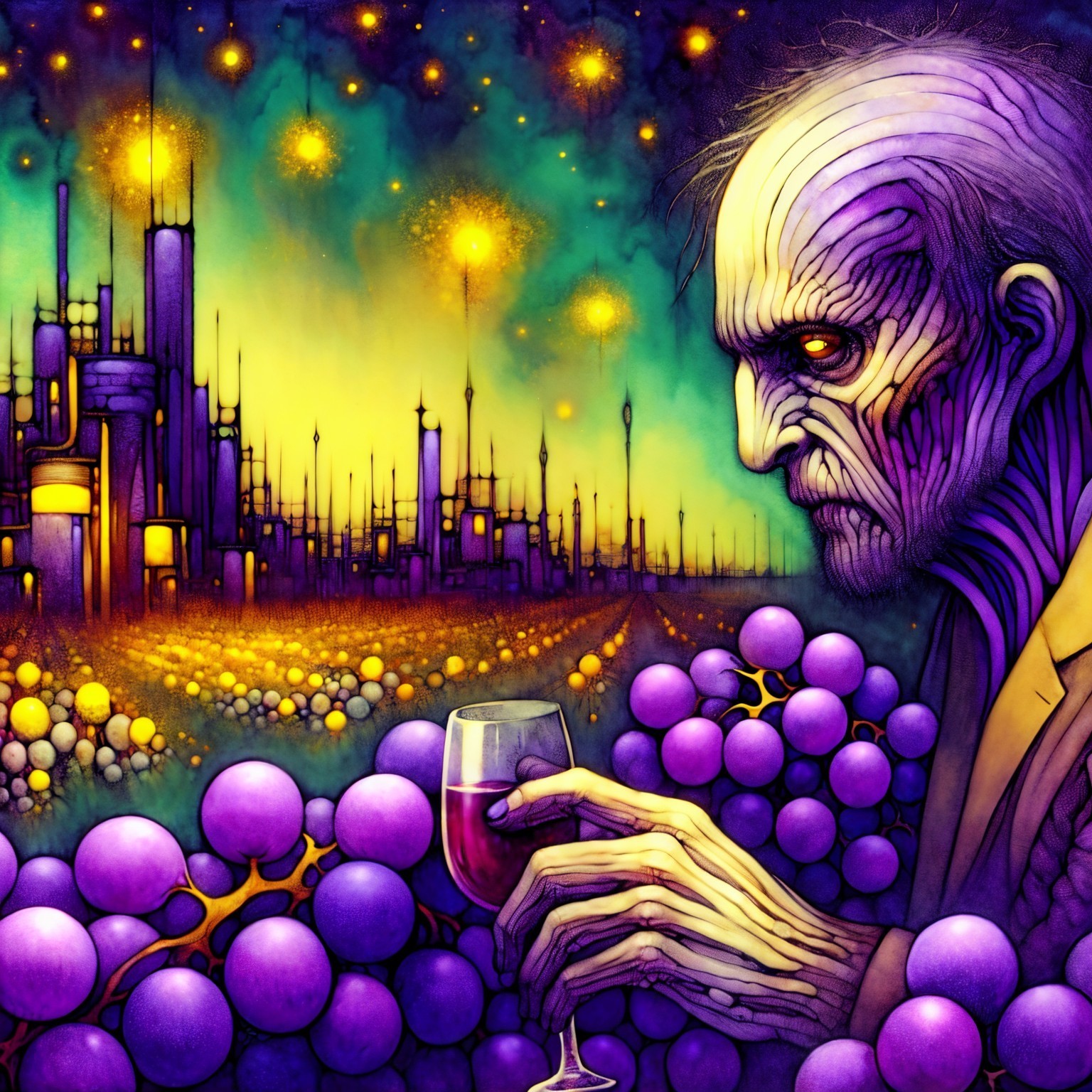 Elderly Man Reflecting with Wine in Surreal Landscape