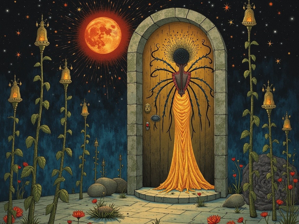 Mystical Stone Doorway with Glowing Plants and Moon