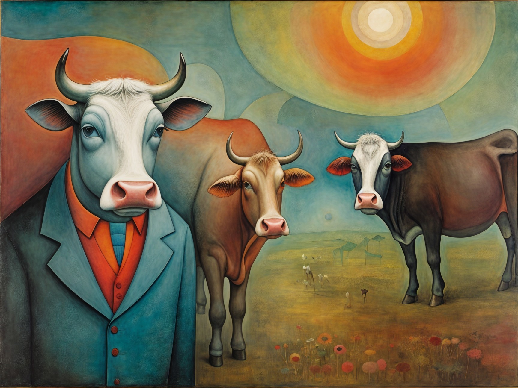 Whimsical Painting of Cows in Suits Among Flowers