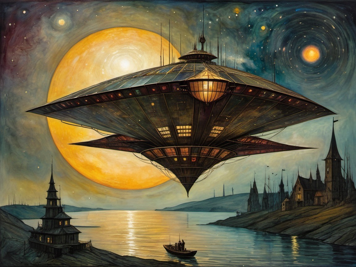 Futuristic Flying Saucer Over Tranquil River Landscape