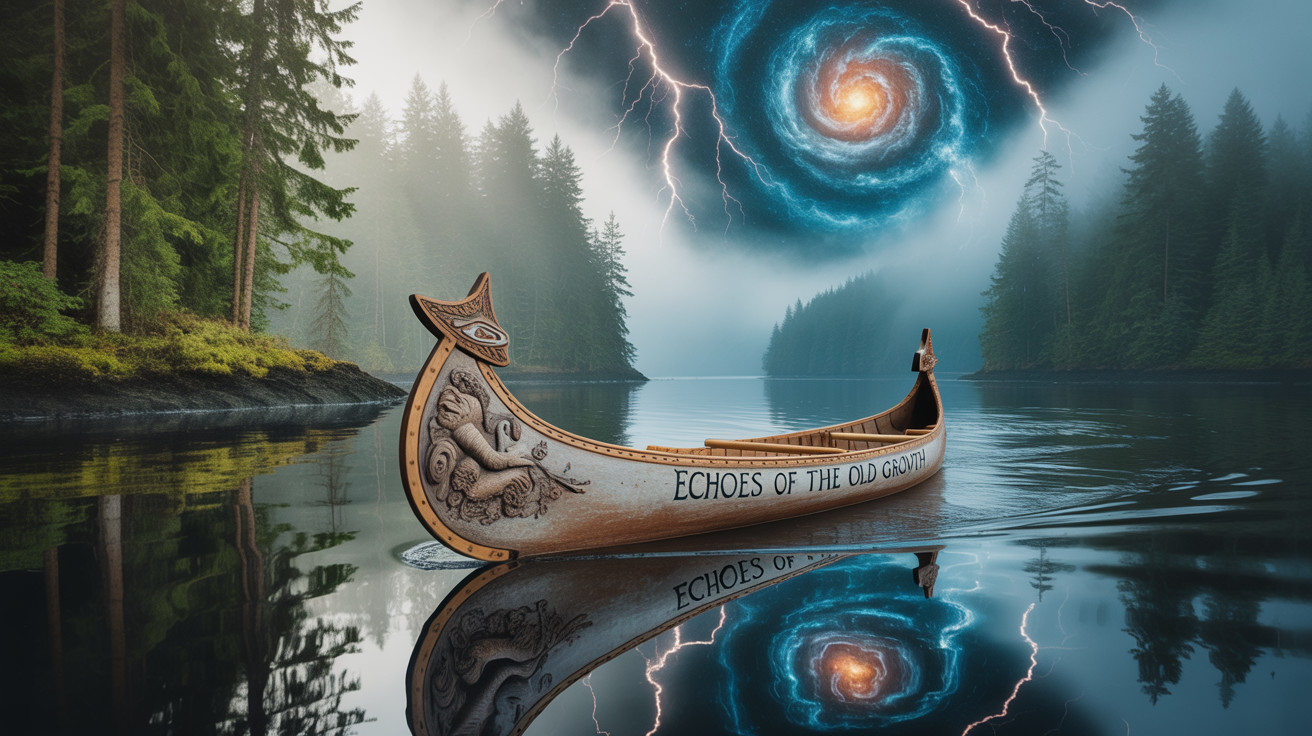 Intricate Canoe on Tranquil Lake with Cosmic Galaxy