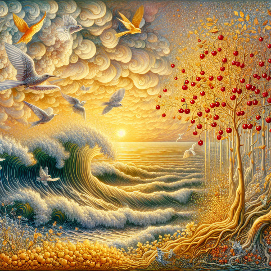 Golden Sunset Over Ocean with Vibrant Nature Elements