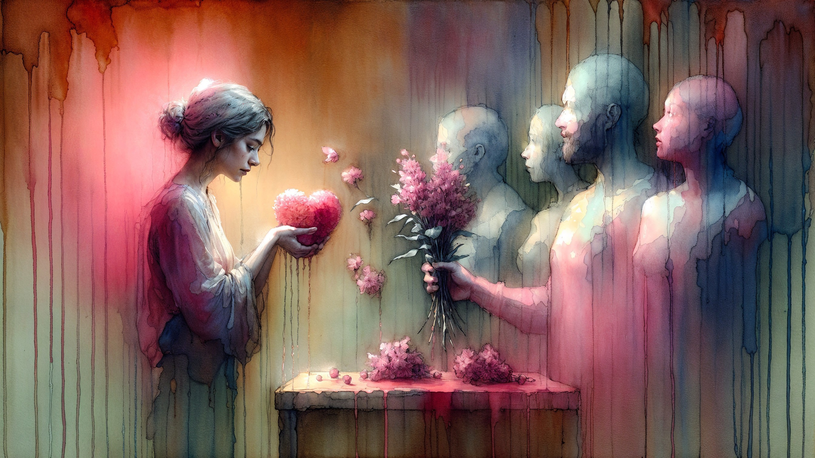 Watercolor Painting of Contemplative Woman with Heart