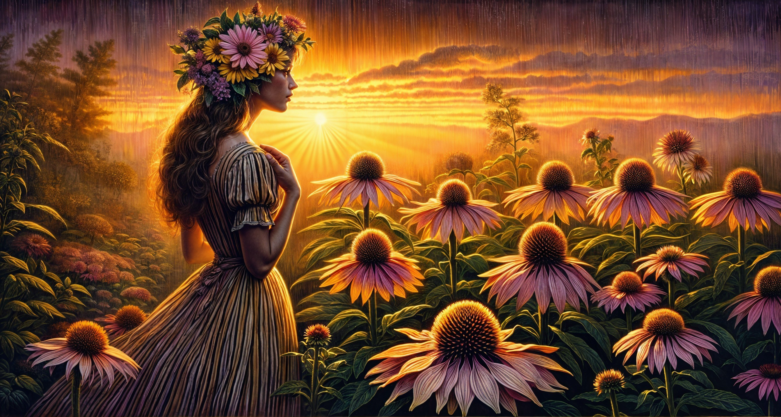 Woman with Floral Crown Amidst Coneflowers at Sunset