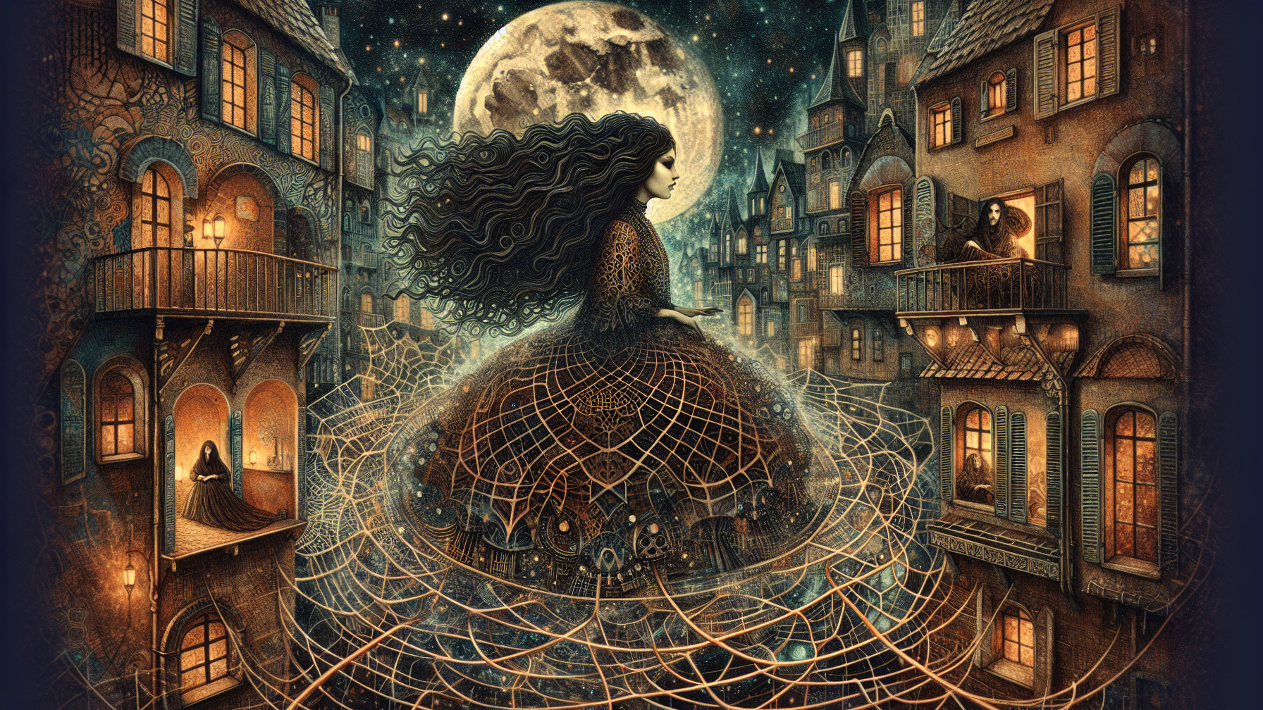 Whimsical Night Scene of a Girl in a Dreamlike Village