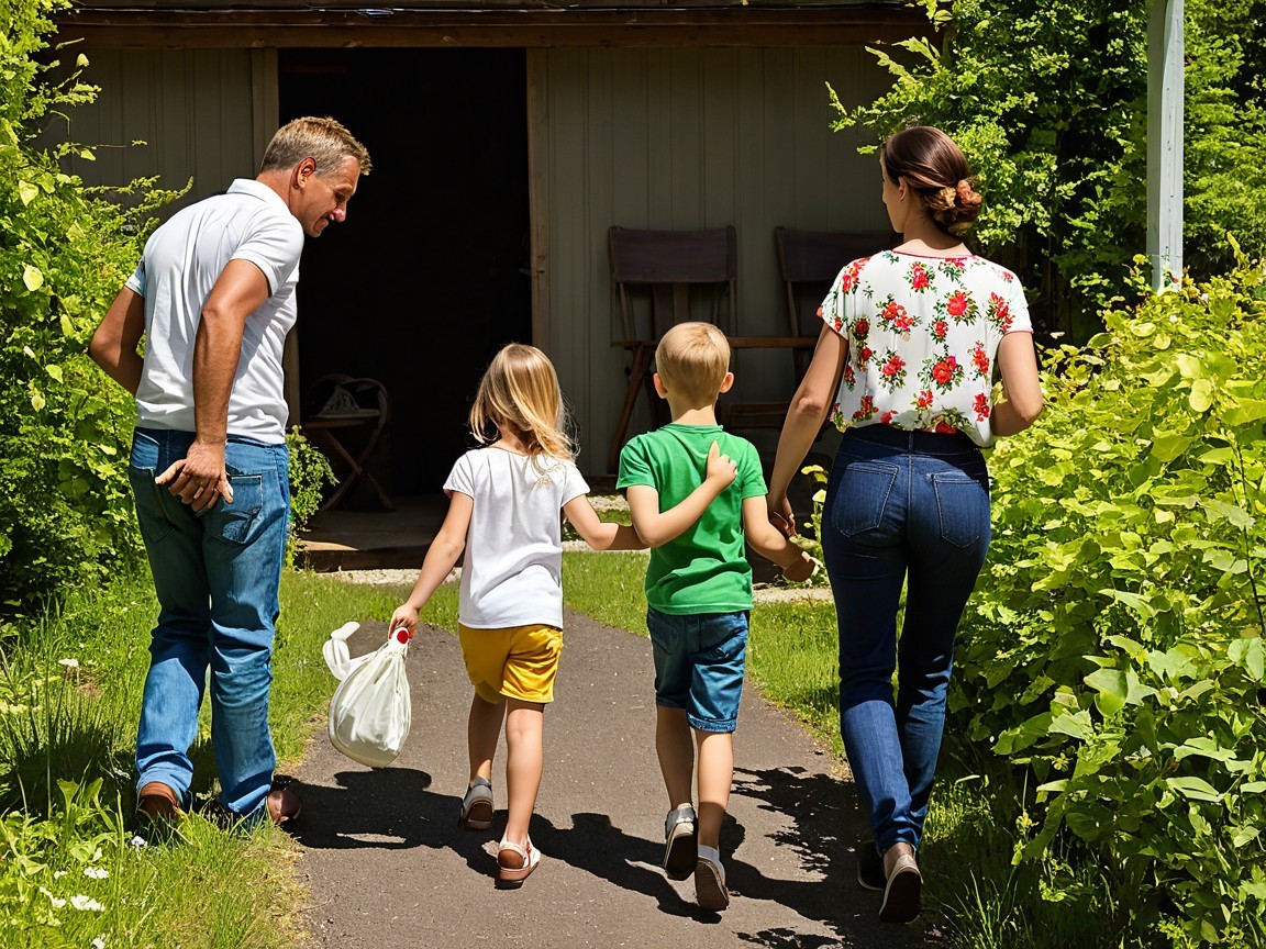 Family of Four Walking on Sunlit Pathway in Nature