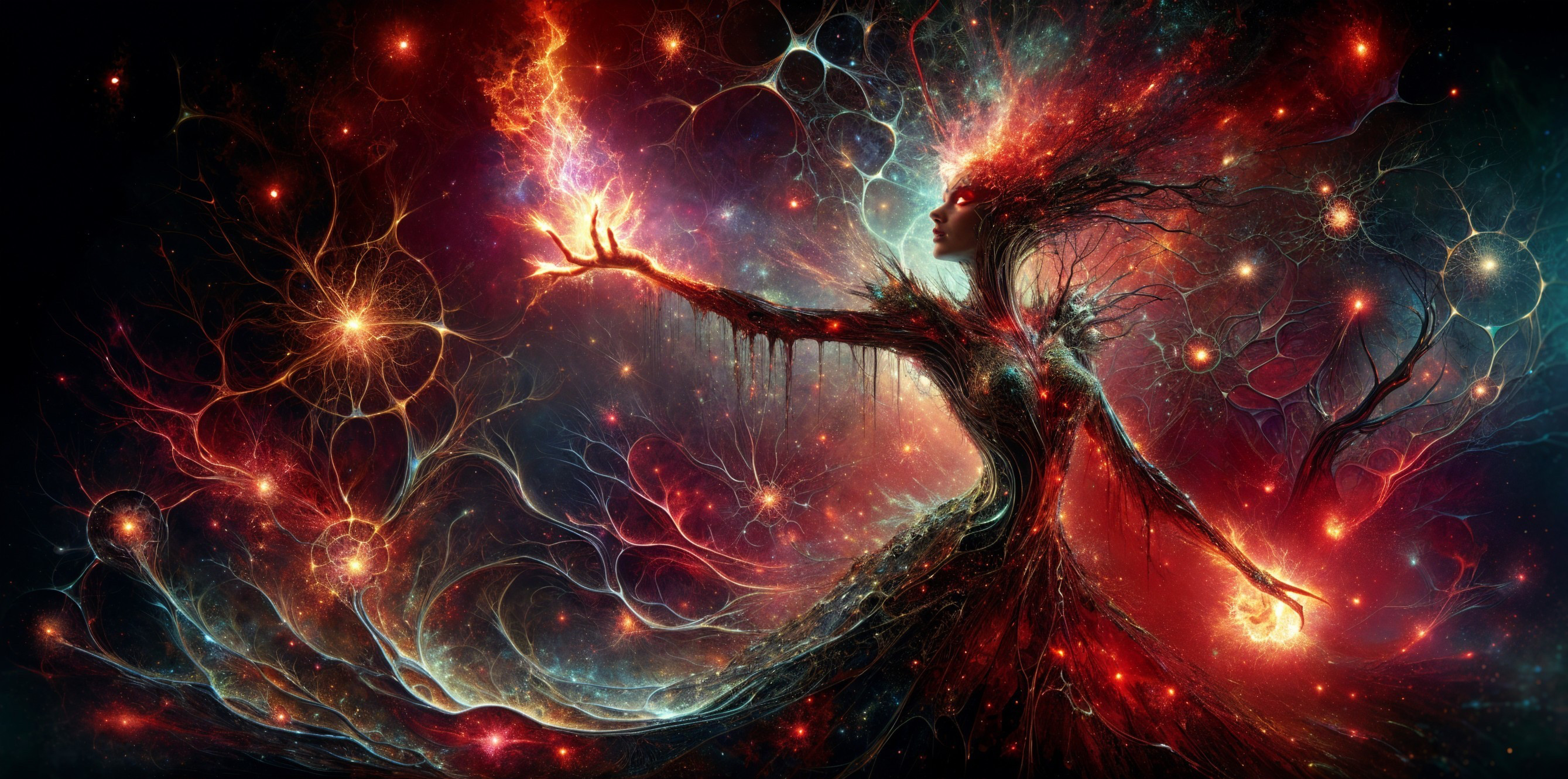 Cosmic Figure with Vibrant Colors and Energy Patterns