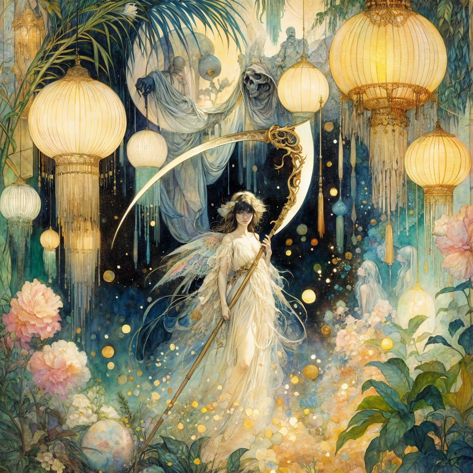Mystical Figure in Ethereal Landscape with Lanterns