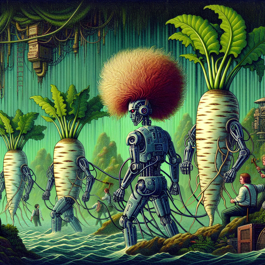 Humanoid Robots and Radishes in a Surreal Landscape