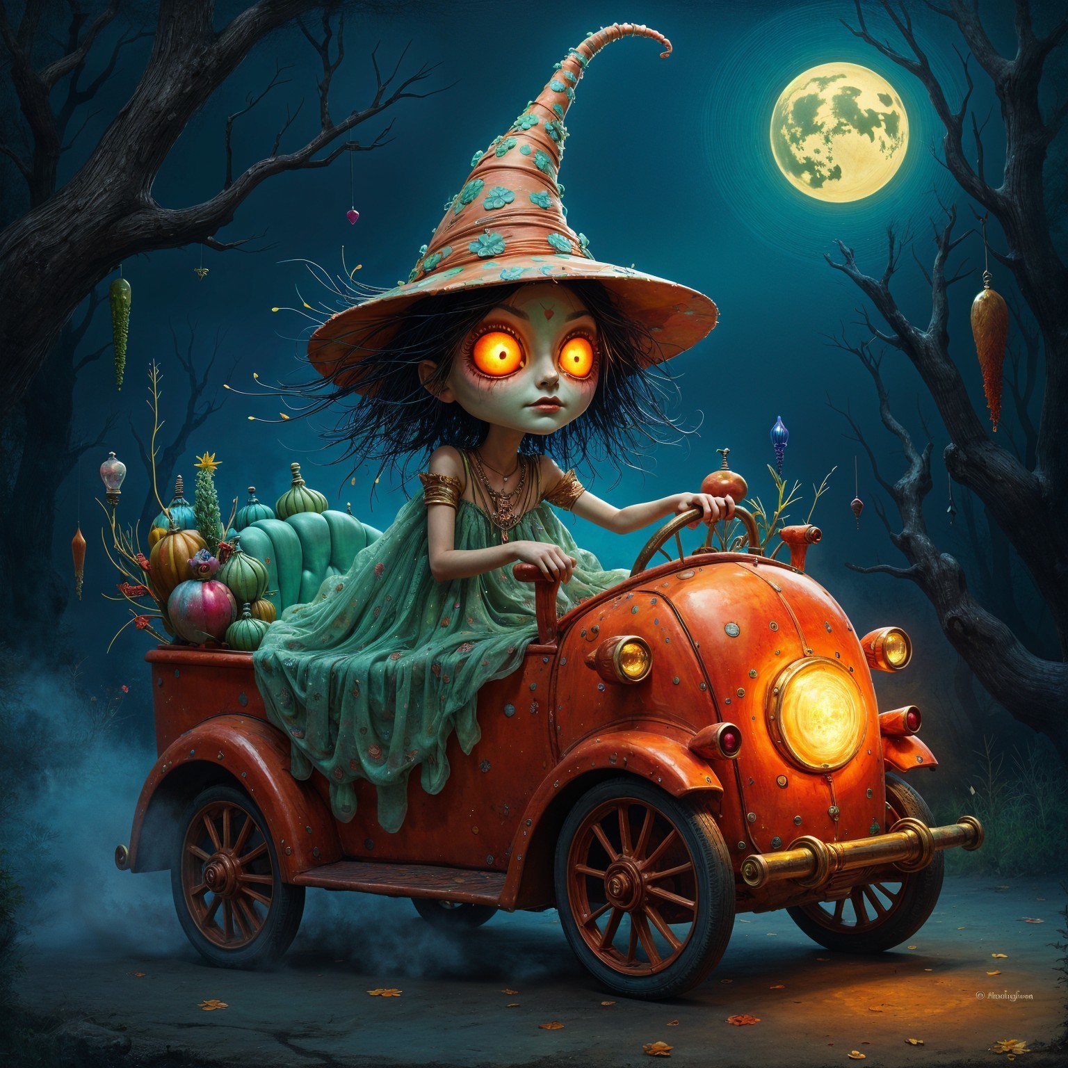 Whimsical Witch in Vintage Car Amidst Enchanted Forest
