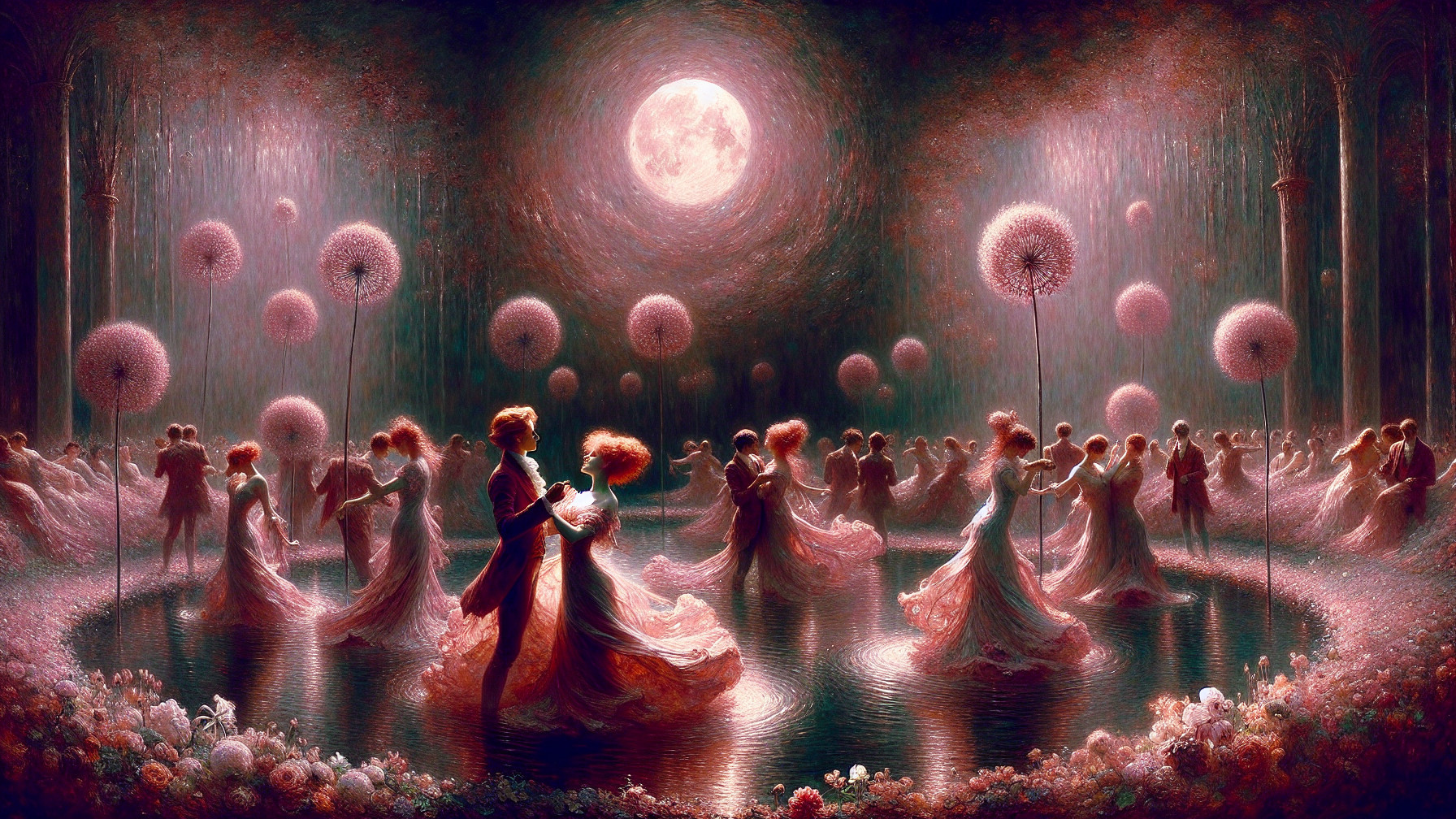 Elegant Ballroom Dance Under Full Moon and Rain