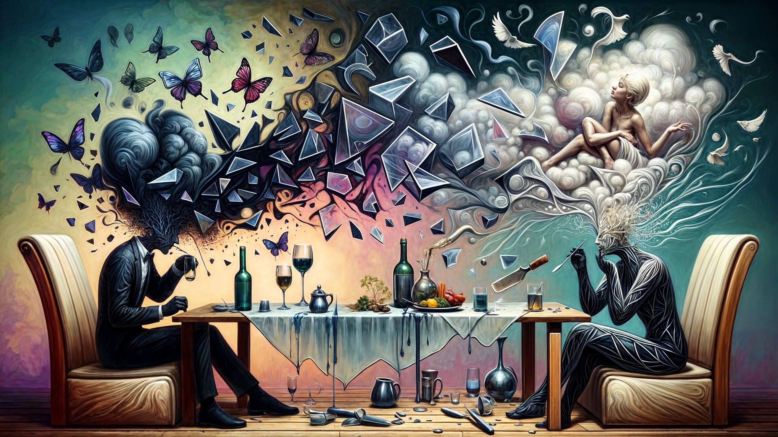 Seated Figures with Cloud-Like Heads and Butterflies