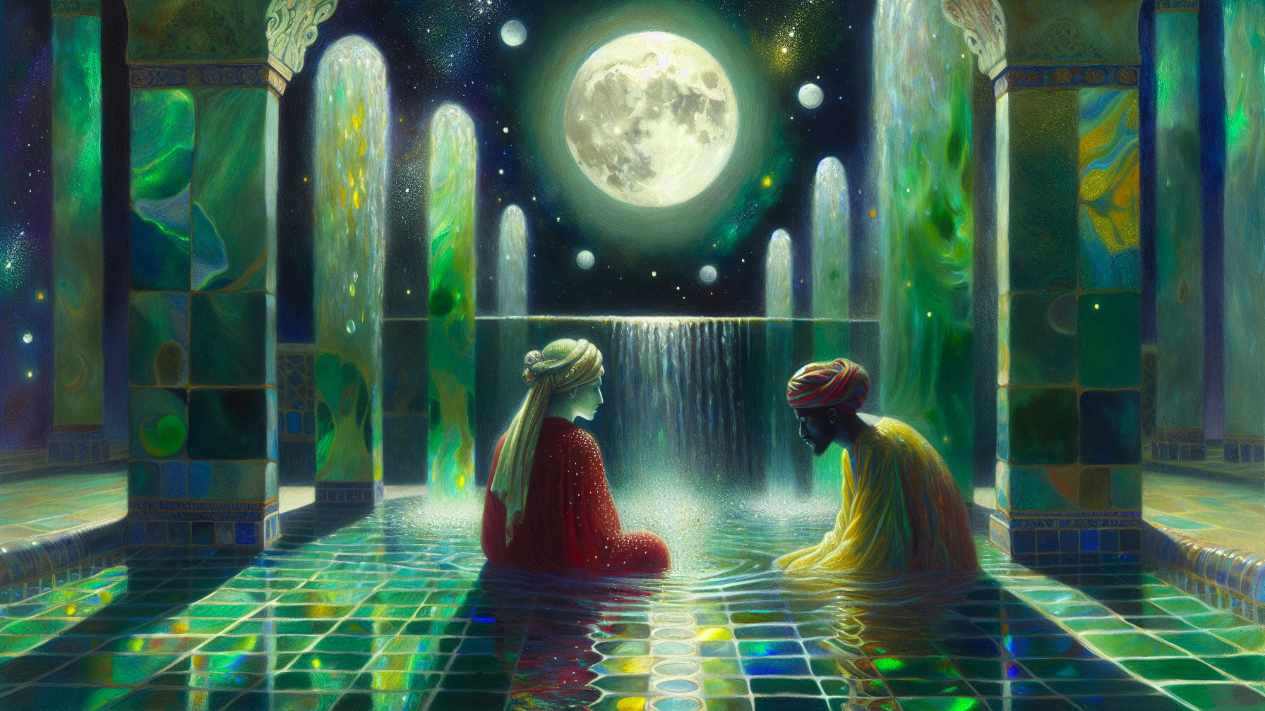 Moonlit Pool Scene with Serene Figures and Waterfalls