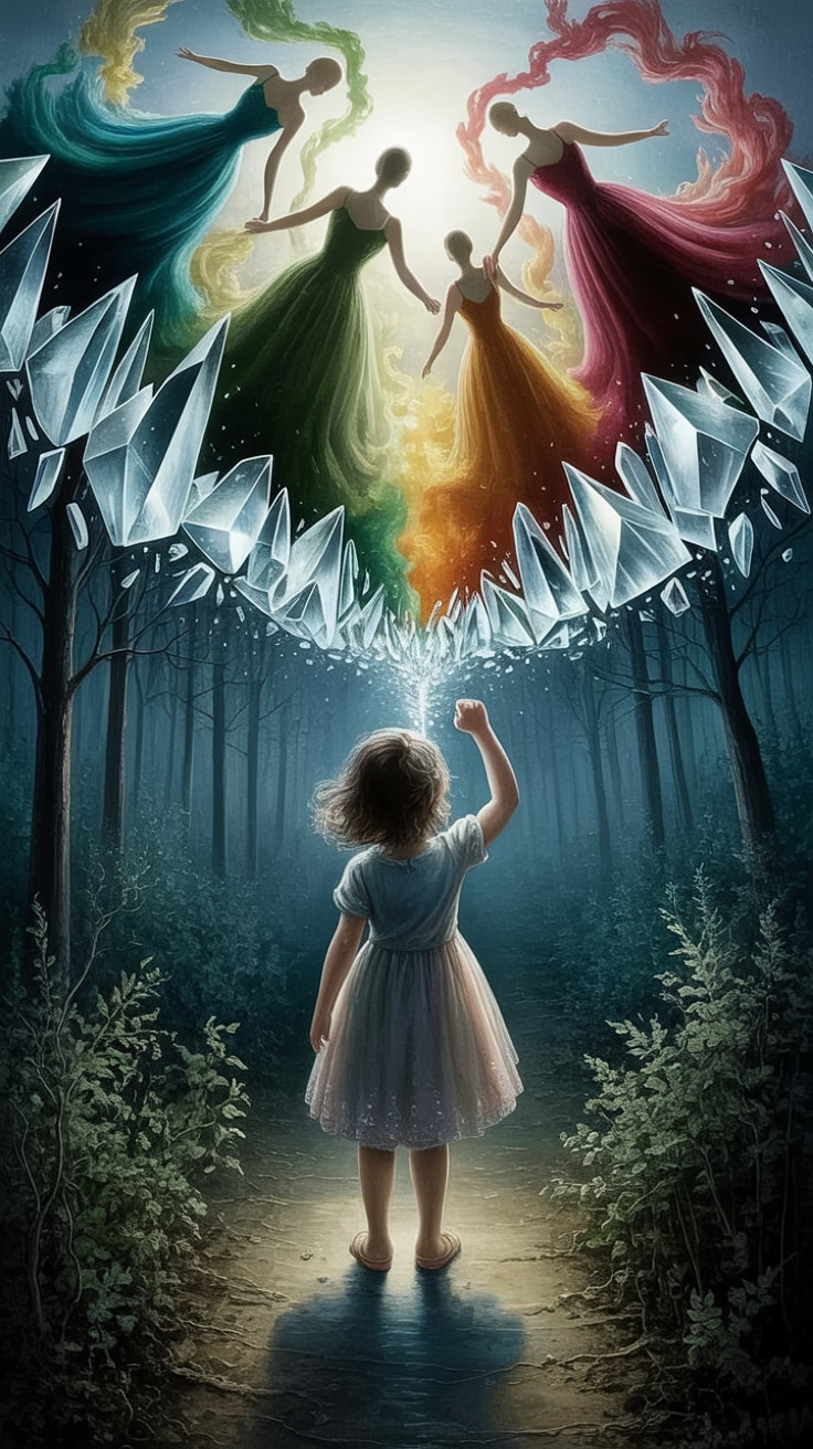 Young girl in mystical forest with dancing figures
