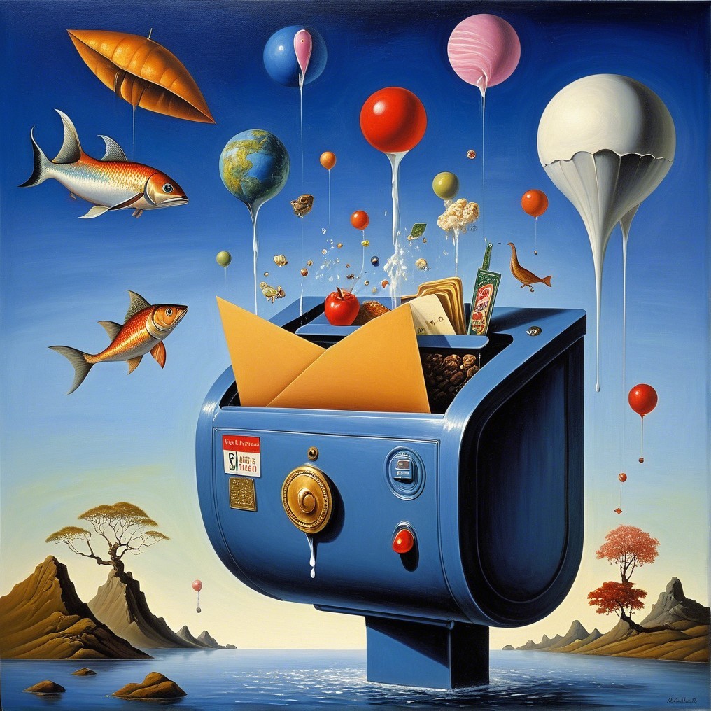 Surreal Blue Mailbox Overflowing with Colorful Objects