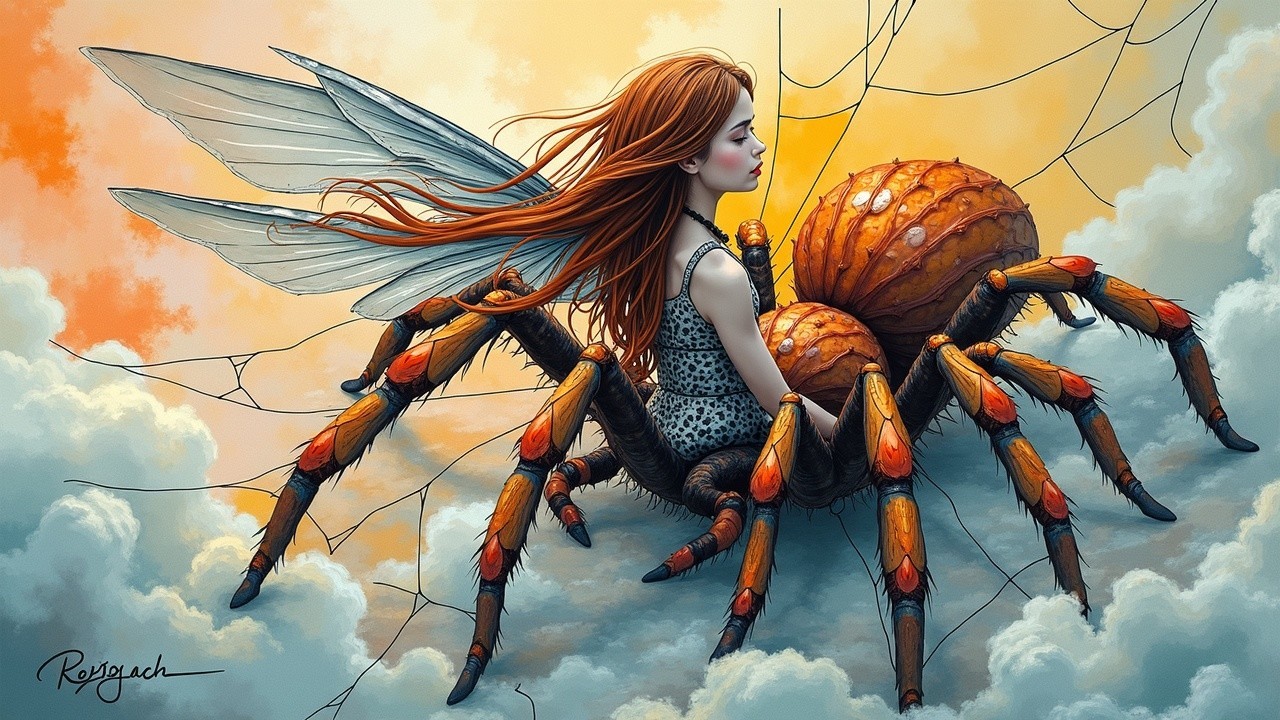 Young Girl on Colorful Spider in Dreamlike Setting