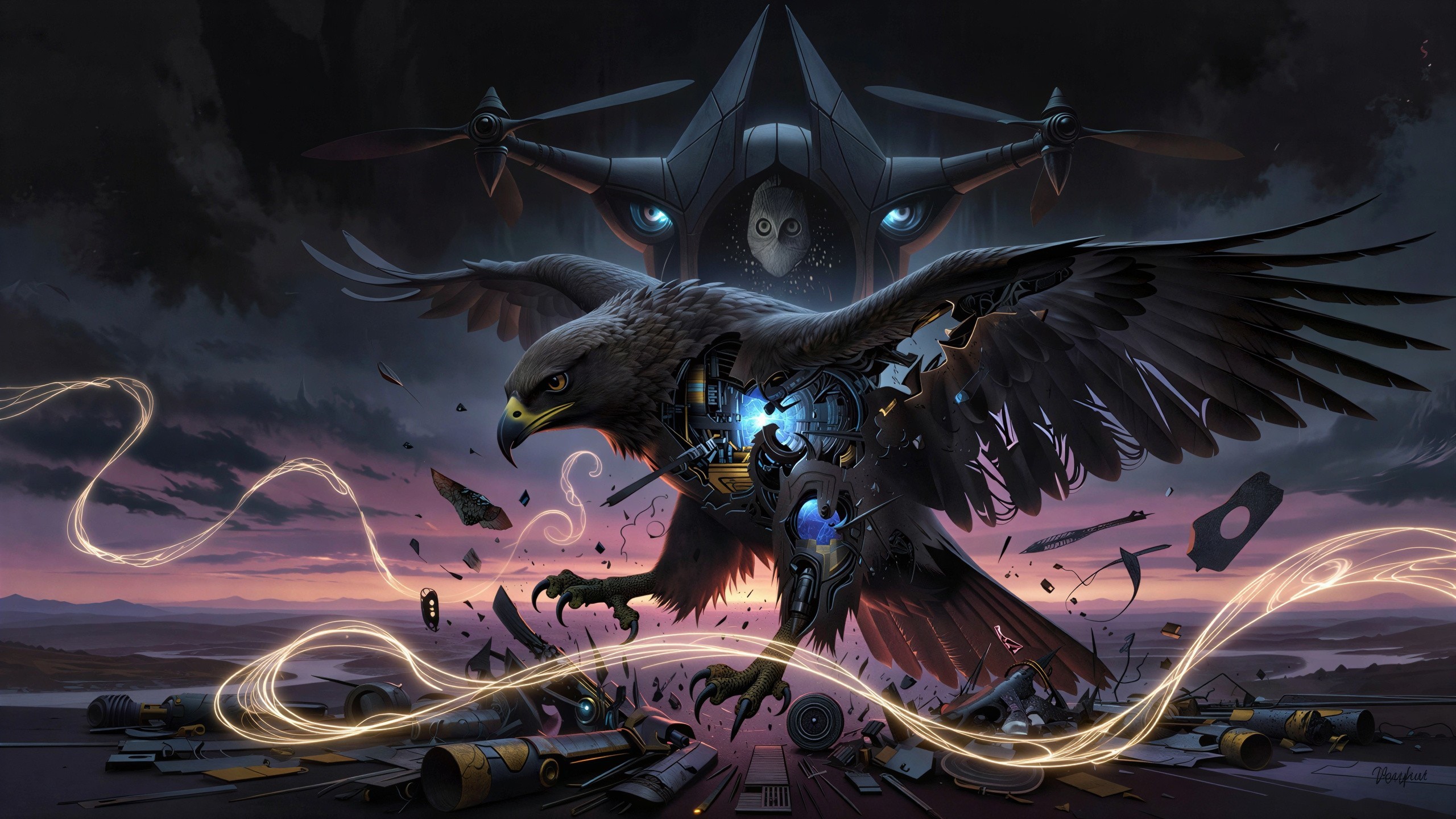 Mechanical Eagle with Drone in Twilight Landscape