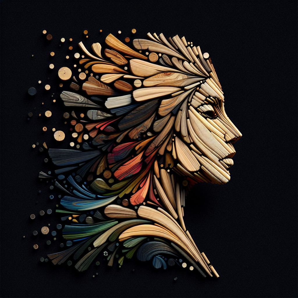Abstract Wooden Face Art with Vibrant Colors and Texture