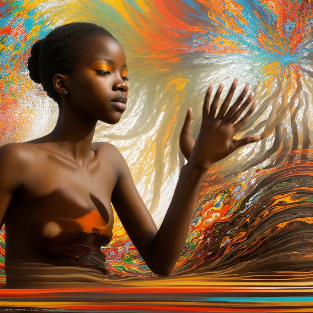 Serene Woman Surrounded by Vibrant Abstract Colors