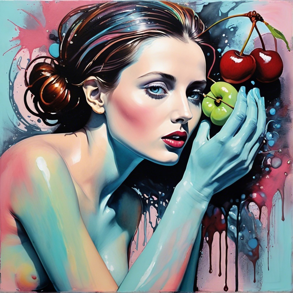 Vibrant Female Figure with Blue Skin and Fruit Elements