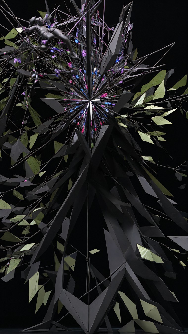 Abstract Sculpture with Angular Forms and Colorful Elements