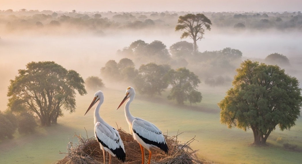 Storks Nesting in Misty Dawn Landscape with Greenery