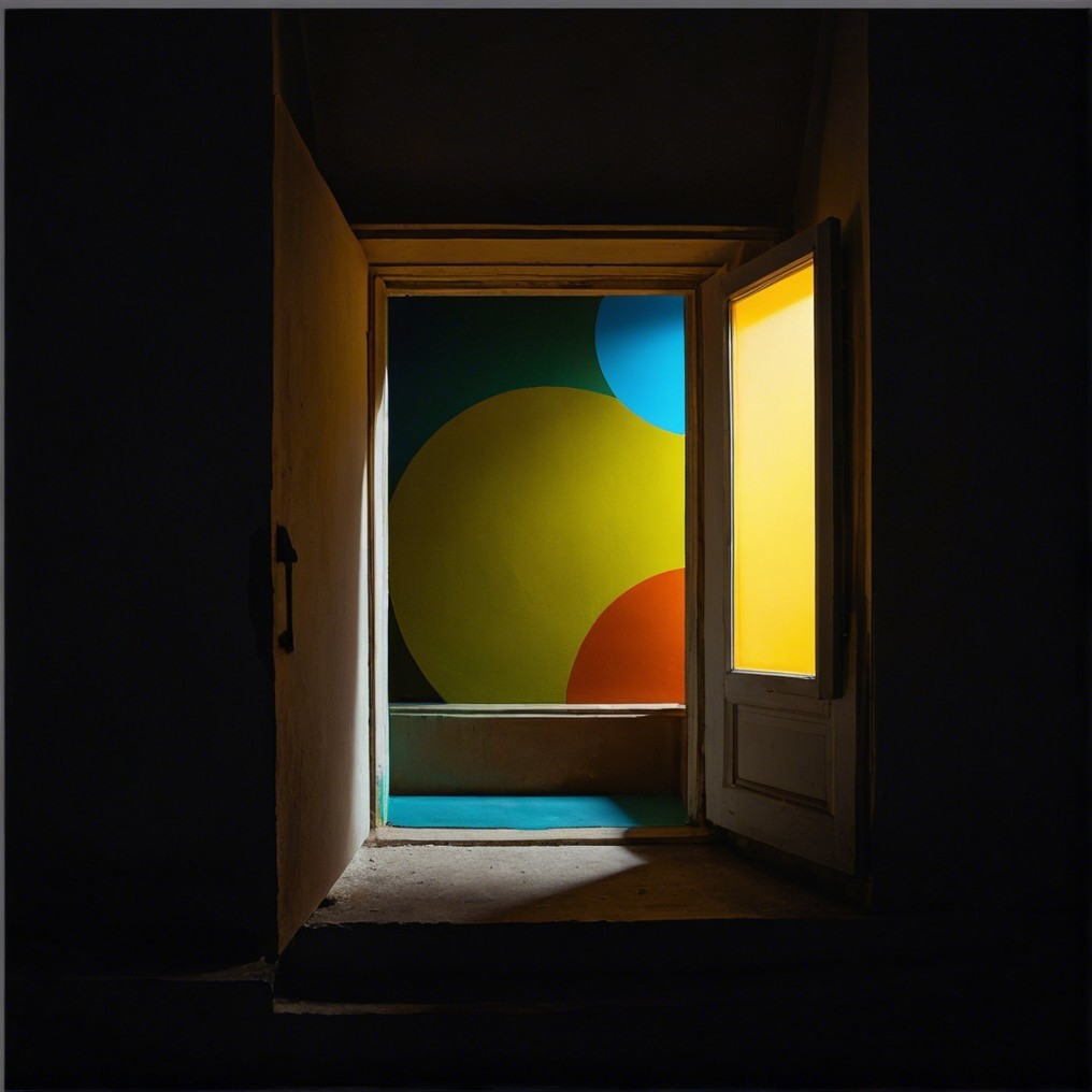 Brightly Colored Geometric Circles in Softly Lit Room