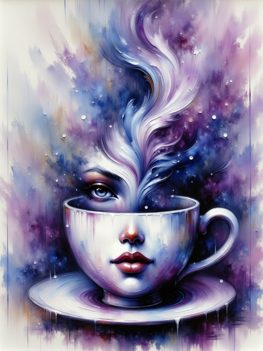 Surreal Artwork of Teacup with Cosmic Steam and Face