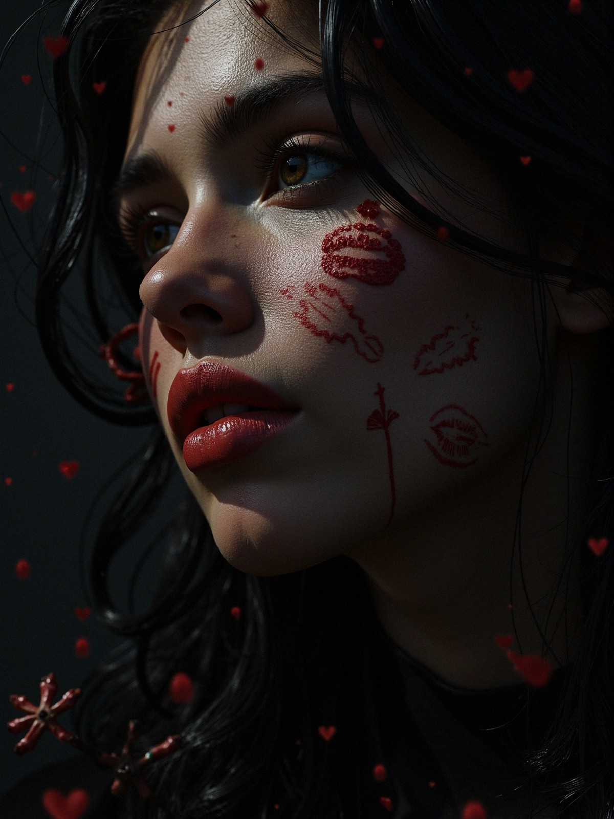 Close-up Portrait of a Young Woman with Red Markings