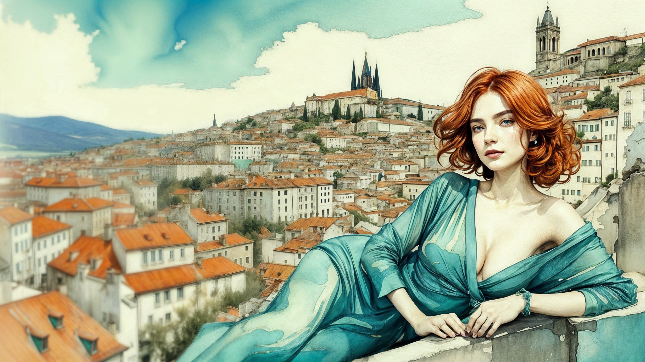 Serene Woman with Red Hair in Cityscape Setting