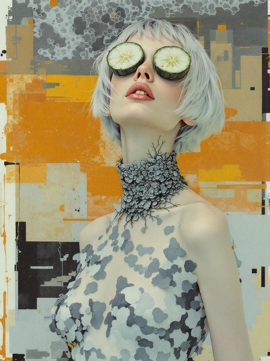 Portrait of a model with platinum bob and cucumber sunglasses