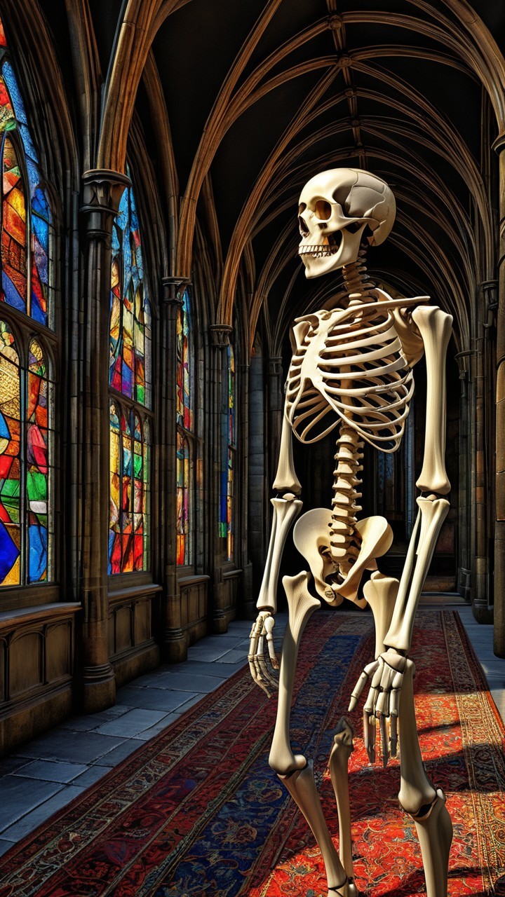 Lifelike skeleton in a gothic corridor with stained glass