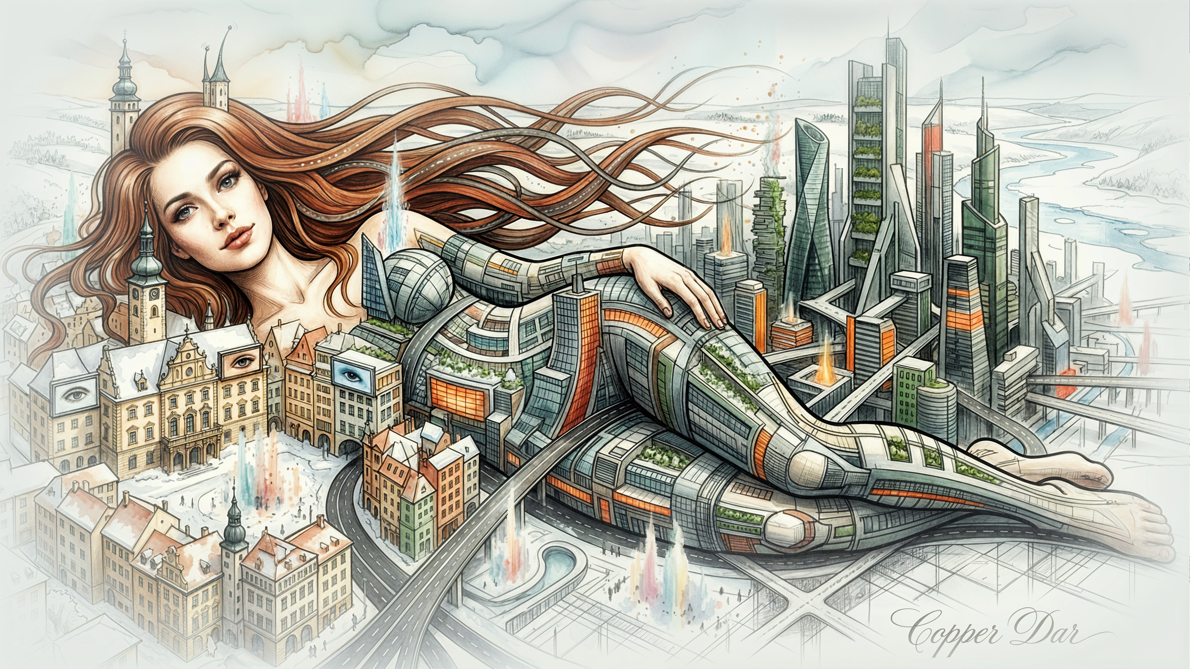 Watercolor Painting of Woman Integrated with Cityscape