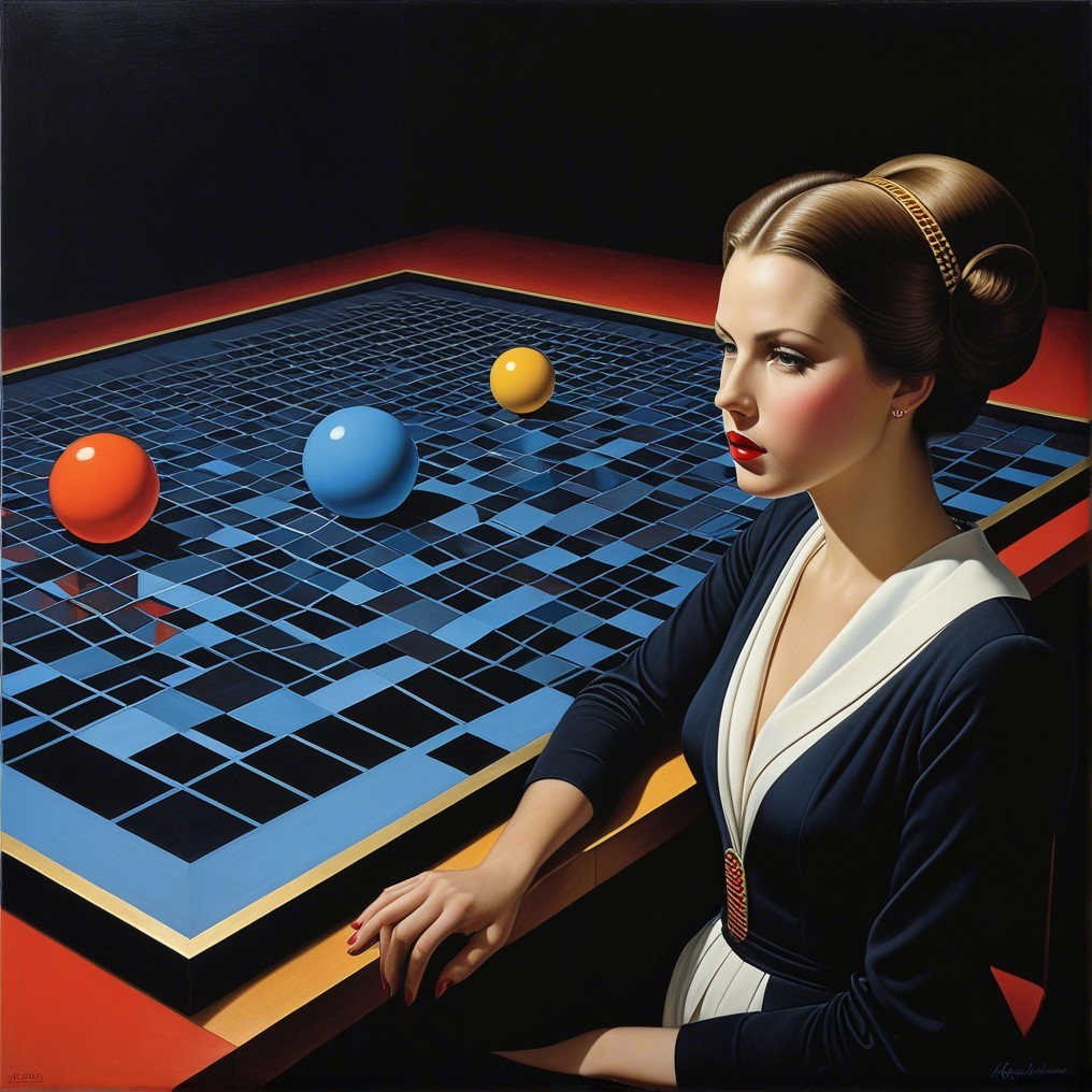 Contemplative Woman Beside Geometric Table and Spheres