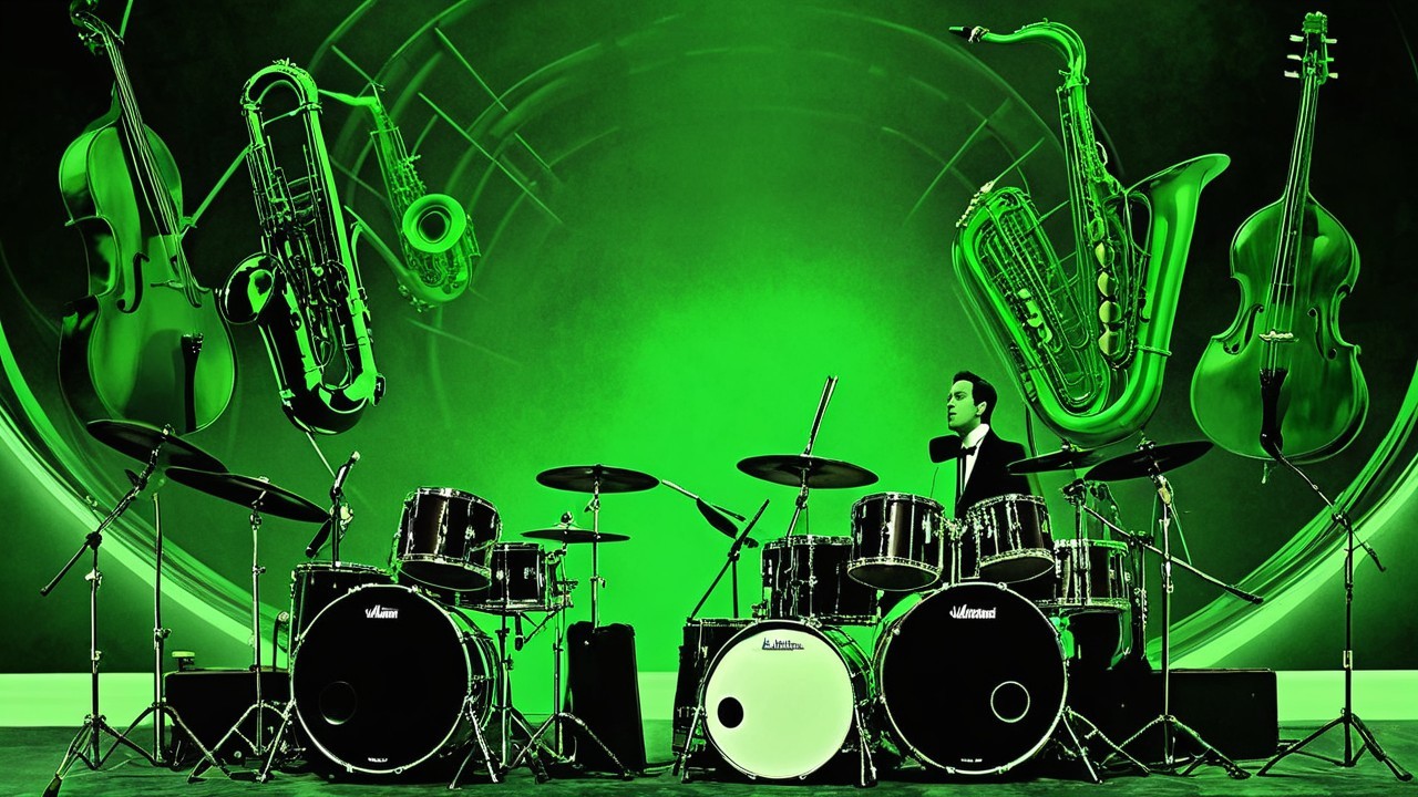 Drummer at a drum set with floating instruments in green light
