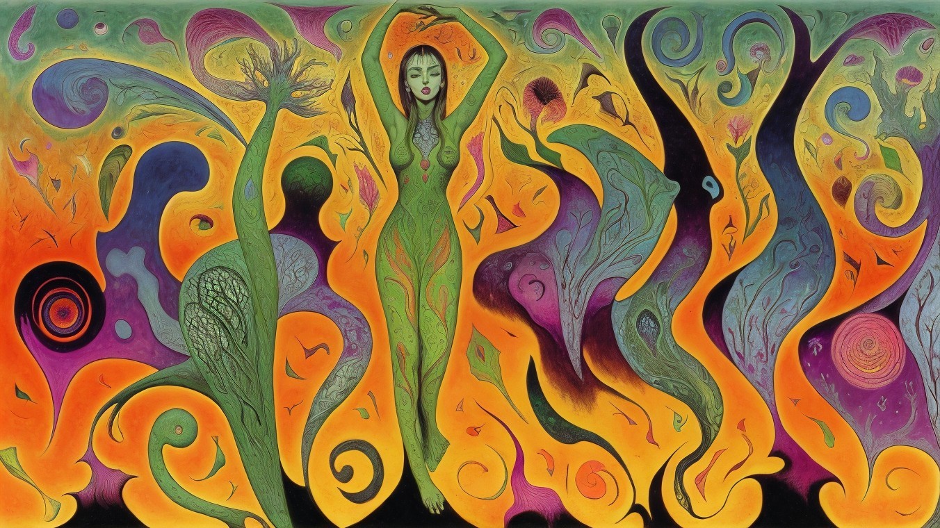 Vibrant Abstract Composition with Ethereal Figures