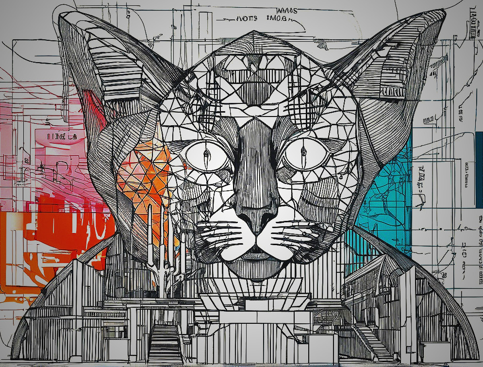 Geometric Cat Face with Architectural Background Design
