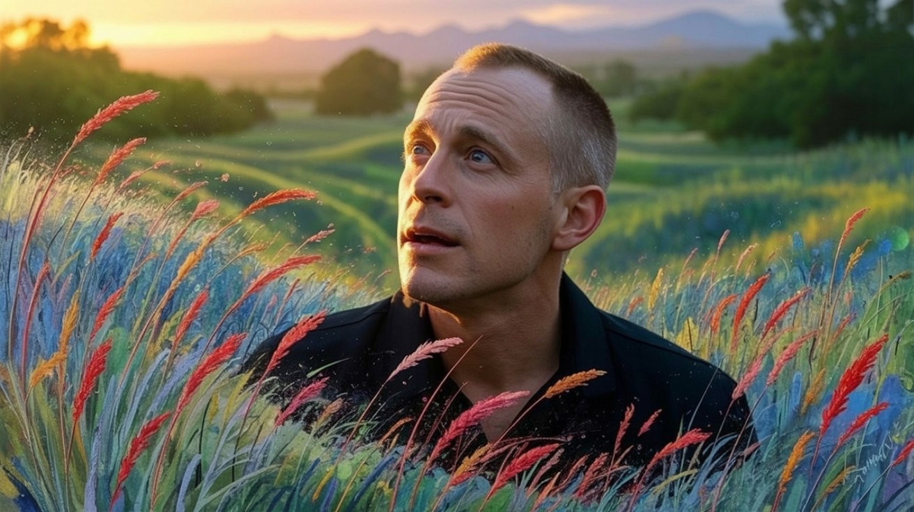 Man in Colorful Grasslands at Sunset