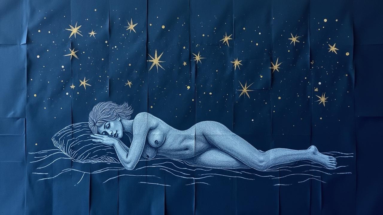 Nude Woman Resting on Waves with Stars and Blue Tones