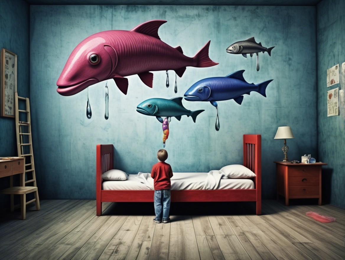 Cozy Blue Bedroom with Floating Colorful Fish Decor