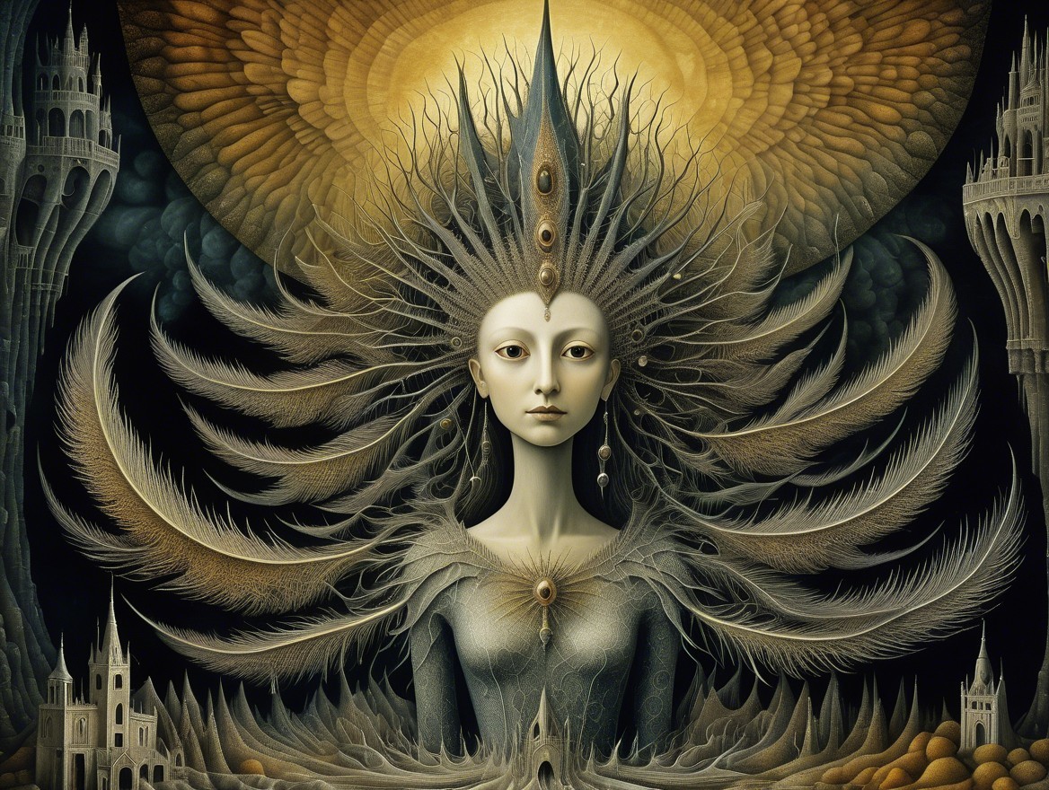 Mysterious Figure Amid Ethereal Patterns and Gothic Scene