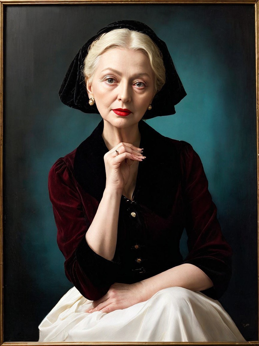 Elegant Woman in Burgundy Dress with Teal Background